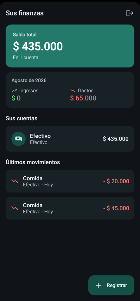 Pantalla de inicio de la app: saldo total, ingresos y gastos del mes, cuentas y últimos movimientos