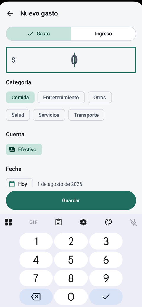 Pantalla para registrar un gasto: monto, categoría, cuenta y fecha, con el teclado numérico abierto